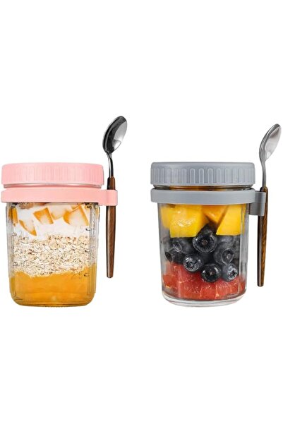 Generic 2 Pack Overnight Oats Containers with Lids and Spoons, 350ML Glass Ce...