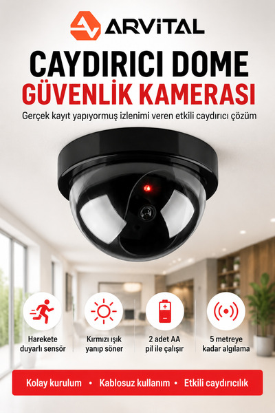 Arvital Caydırıcı Dome Maket Güvenlik Kamerası Kırmızı LED Işıklı Pilli Gerçe...