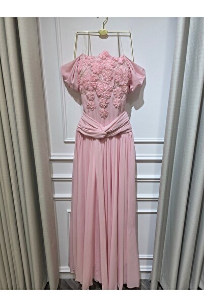 Jood Pink Evening Gown with Pink Embroidery and a Cinched Waist