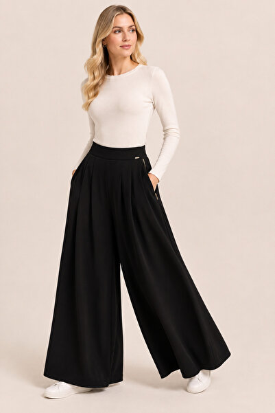Famelin Comfortable Wide Leg Black Trousers with Elastic Waist 1620