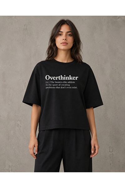 fingerjewerly Overthinker Slogan Baskılı Oversize Tişört Unisex %80 Pamuk Box...