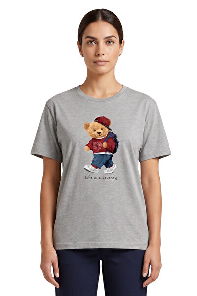 DK DAKSEL Women's Gray Teddy Bear Printed T-Shirt Life Is a Journey Comfortab...