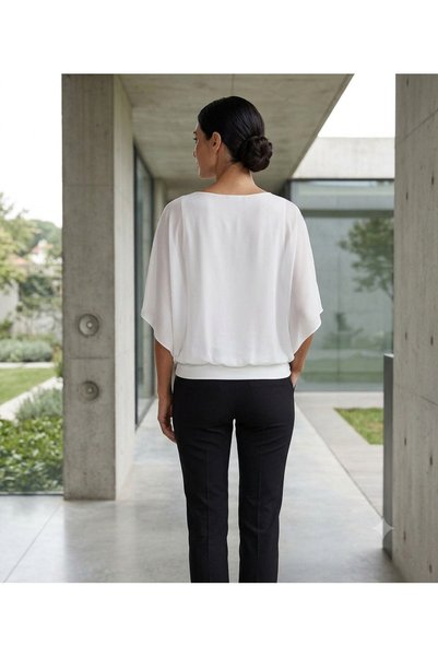 POPCORN Cape Sleeve, Hem Band, Round Neck, Chiffon Lined, White Flowy Blouse