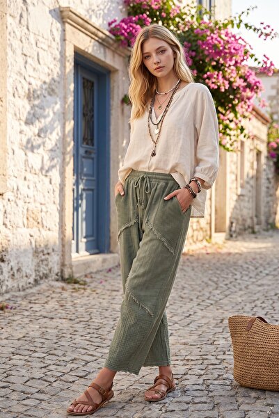 RMY MODA Khaki Pocketed Washed Mesh Detailed Sewn Patchwork Shalwar Linen Ble...