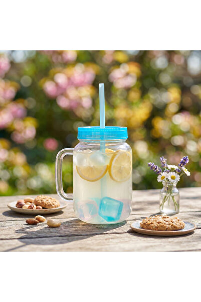 Alista Home Pahar albastru cu pai de 550ml, cu 4 cuburi răcoritoare, capac et...