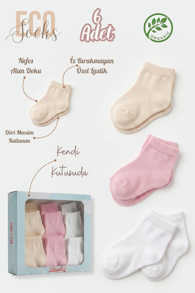 Bebechi 6'lı Kutulu Organik Pamuk Unisex Premium Yeni Doğan Bebek Çorabı