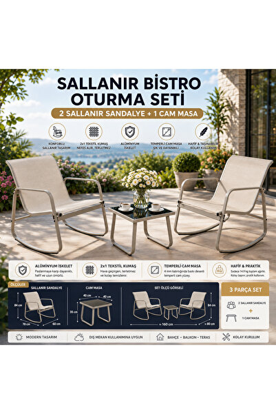 Altınkayaticaret Sallanan Bistro Oturma Seti 2'li Sandalye + 1 Cam Masa Bahçe...