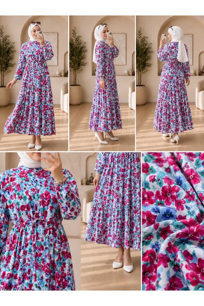 HANEDAN TESETTÜR Haki̇m Collar Half Buttoned Waist Tie Fastened Crinkle Patterned Viscose Dress