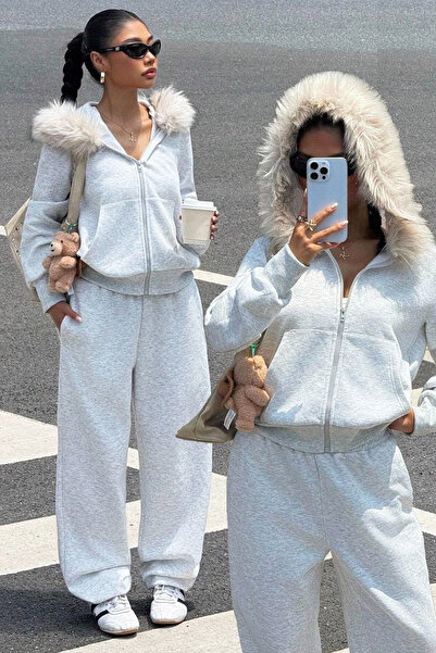 İlayda Toprak Muchi Gray Fur Hooded Comfortable Fit Premium 3 Thread Thick Sw...