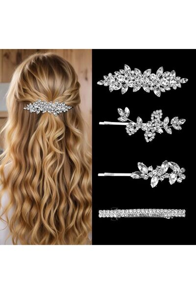 ASKIND 4 Pcs Rhinestone Hair Clips, Silver Bridal Hairpin Barrette Leaf Weddi...