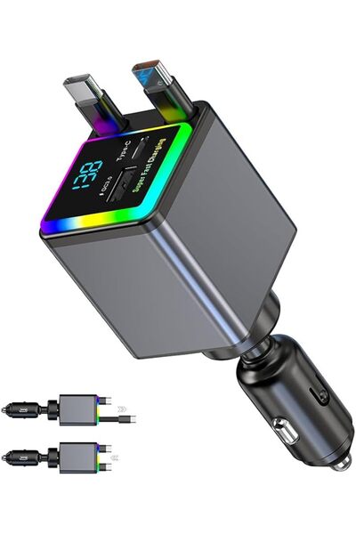 GENERAL XZM 4 in 1 Retractable X18 Car Charger with RGB Light, 141W Fast Char...