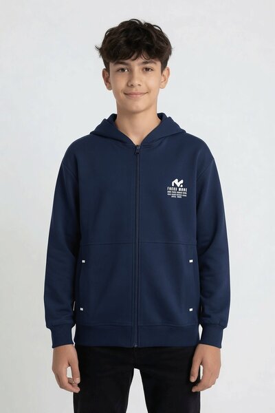 Cansın Mini Navy Blue Boy's Cardigan with Text Detail and Zipper 24644