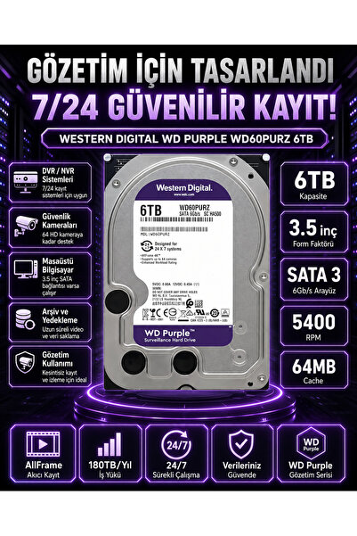 6 TB PURPLE 3.5 İnçWD60PURZ Kamera, DVR ve NVR Kayıt Sistemi Diski
