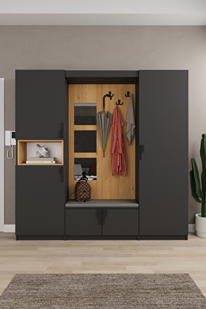 asratrend Lüks Aynalı Portmanto Askılı Vestiyer %100 MDF Çok Raflı Ayakkabılı...