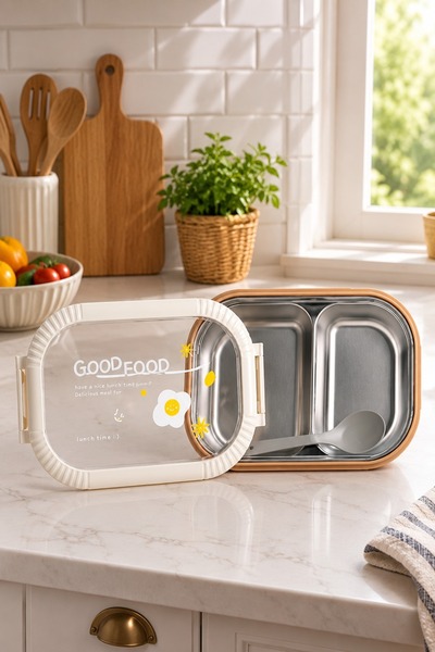 Bayev Goodfood 6707 2-Compartment Stainless Steel Lunch Box with Spoon Nutrit...