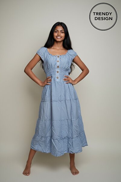 Trendy Design Rochie Midi Casual de Vară cu Talie Elastică și Volane – Stil R...