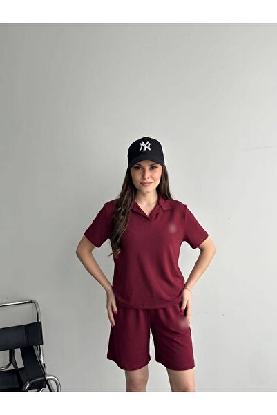 mylunessa Polo Collar Short Sleeve Burgundy Tracksuit Set with Shorts