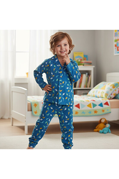 BONBON Children's Dinosaur Printed Front Button Blue Color 2-Piece Set Cb1064