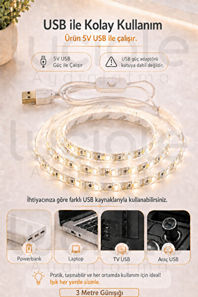 luciole 3 Metre 5V USB Günışığı Şerit LED Anahtarlı Mutfak Tezgah Altı TV Masa Kamp Led Işık