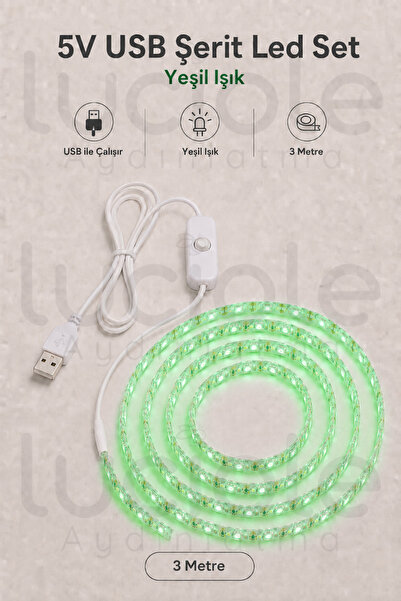 luciole 3 Metre 5V USB Yeşil Şerit LED Aç Kapa Anahtarlı Gaming TV Masa Raf Powerbank Dekoratif Işık