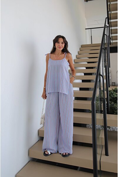 Havoş Blue Striped Button Detailed Blouse and Trousers Set