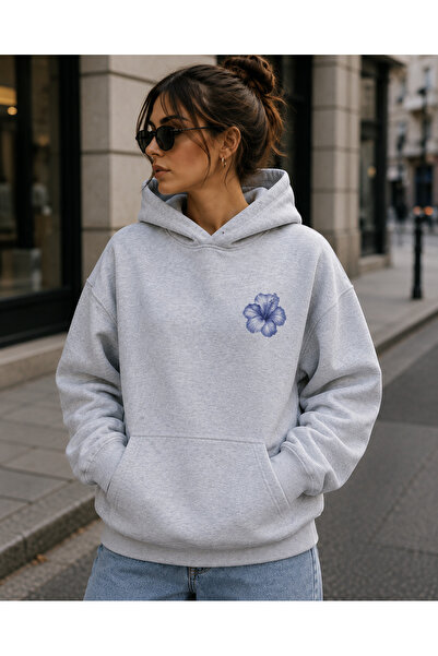 Harmandar Blue Hibiscus Printed Hooded Oversize Sweatshirt