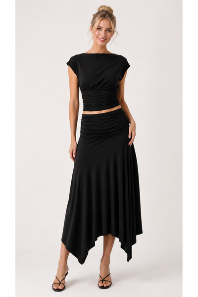 Kallisto Black Asymmetrical Sandy Skirt with Draped Waist