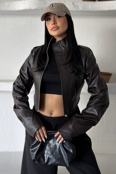 mega lucky Premium Women's Corset Detailed Stand Collar Cropped Biker Leather Jacket