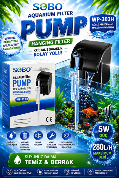 Sobo WP-303H Akvaryum Askı Şelale Filtre 5W 280 L/H Sessiz ve Güçlü Filtrasyon