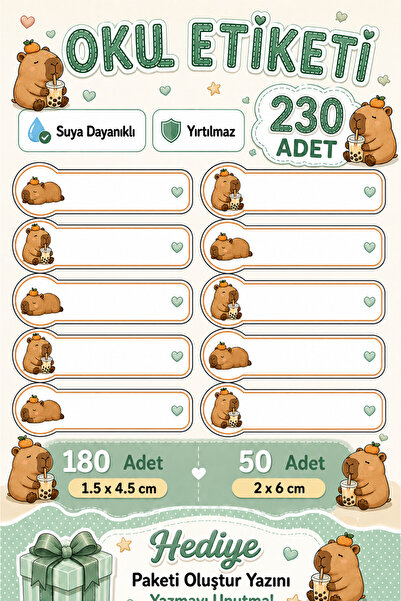 LABELOVE Kişiye Özel Capybara Okul Etiketi 230 Adet | Suya ve Yırtılmaya Daya...