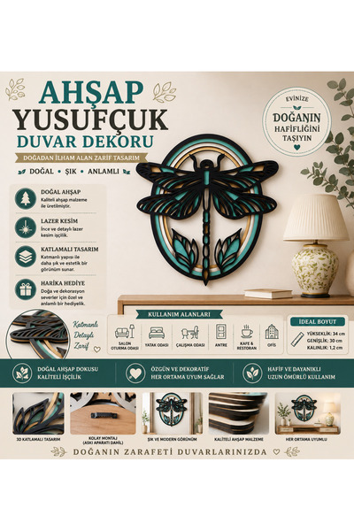 ROKH Ahşap Yusufçuk Duvar Dekoru Dekoratif Yusufcuk Figürü Bohem Duvar Süsü H...