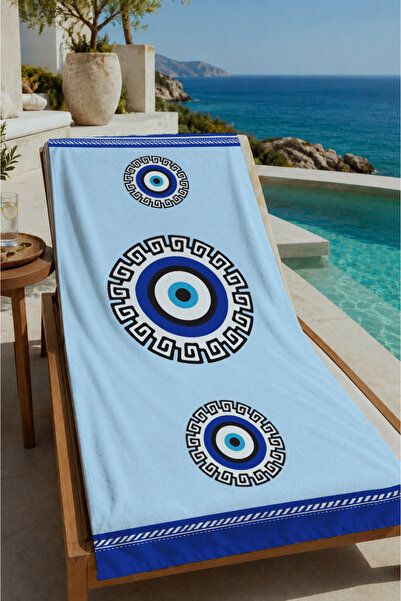 Evmila White Blue Evil Eye Bead Mandala Patterned 70X150 Beach Towel - Digita...