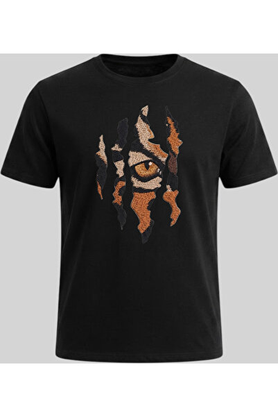 Nazlyna Black 100% Cotton Tiger Eye and Paw Print Patterned Printed Unisex T-...