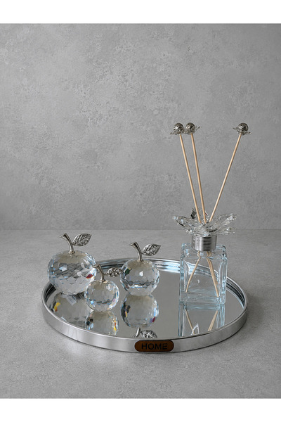 sahane & bazaar Dekoratif Aynalı Tepsi ve Kristal Koku Şişesi Kristal Elma Se...