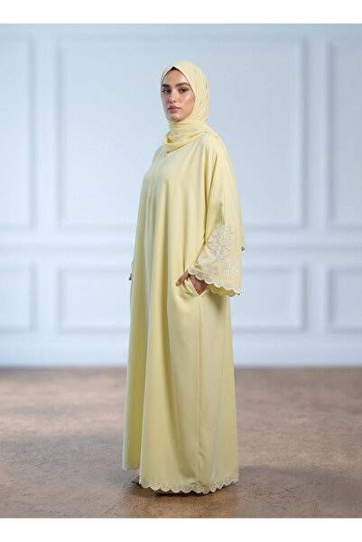 Nukhbaa Pale Yellow Front Zip Embroidered Sleeve Nida Abaya with Pockets