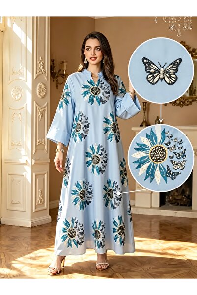 Noon Noora Vintage Print Butterfly Beaded Jalabiya Evening Dress