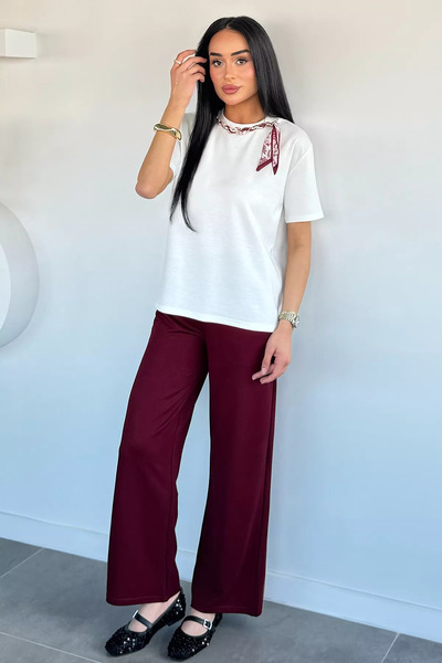 Aryena Burgundy Women's Collared Scarf T-Shirt and Trousers Two-Piece Set