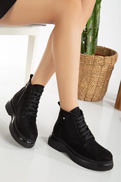 M Miss dark moda Women's 002 Stoned Lace Detailed Boots Suede Women's Boots