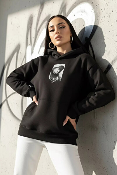 Aryena Black Women's Hooded Printed Kangaroo Pocket Embroidered Sweatshirt