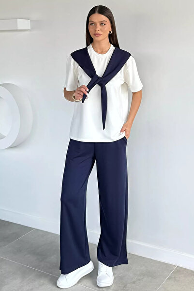 Aryena Navy Blue Women's Elastic Waist Trousers and Tie-Front Blouse Two-Piec...