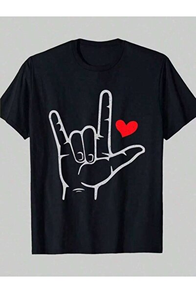 9JY Valentine'S 'I Love You' Sign Language T-Shirt Soft Breathable Black With...