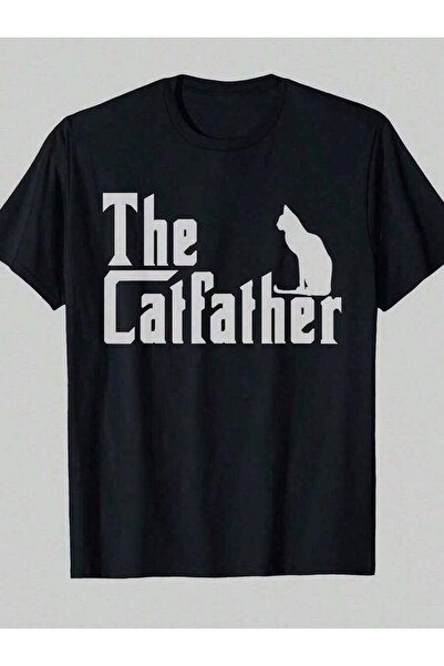 NOURAM قميص رجالي بطباعة جريئة "The Catfather" على خلفية سوداء، تصميم مريح 10...
