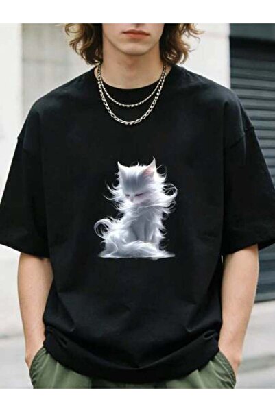23ERVA 1pc Womens Fluffy White Cat TshirtCotton 180gsm.Printed Tee.Unisex Cre...