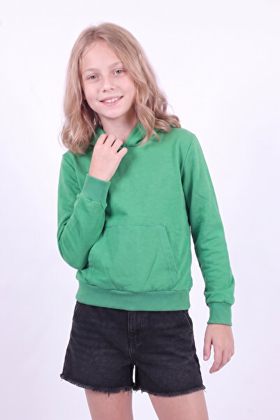 FYK KİDS Girl's Basic Plain Kangaroo Pocket Hooded Sweatshirt