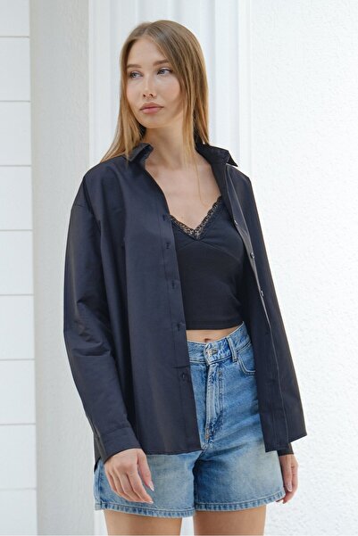 Lavix Black Women's Oversize Shirt Long Sleeve Buttoned Loose Casual Basic Shirt