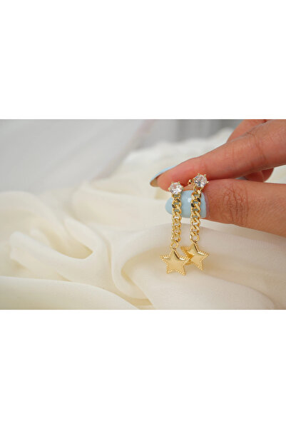 ATELİER TUĞBA Kp787 Single Stone and Star Detail Hanging Earrings (Length 40 mm)