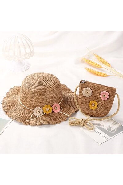 STARSTAR Children's sun protection straw hat set: beach + clutch bag - brown