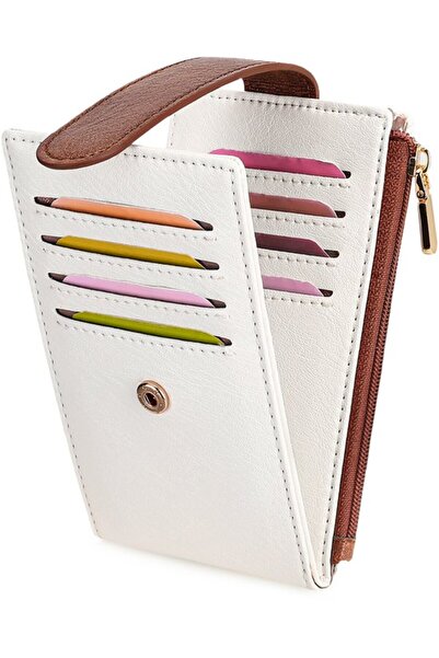 STARSTAR Women's ultra-slim wallet white/brown zipper ID window wrist strap.