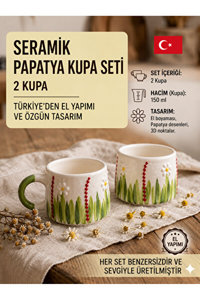 ARTISTA HOME Papatya Desenli El Yapımı Seramik İkili Kupa Seti
