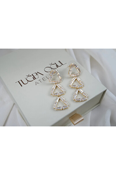 ATELİER TUĞBA Kp687 Baget Stone Triangle Hanging Earrings (Length 48 mm)